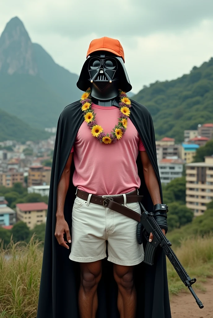 Darth Vader with a flower necklace around his neck wearing a pink t-shirt with white shorts and an orange cap with a rifle in his hand , on the hill of Rocinha in Rio de Janeiro 