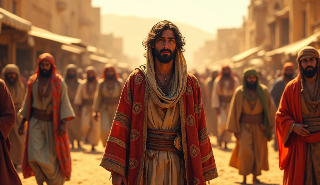 Joseph, with colorful clothes, being sold by his brothers to merchants. The background shows a camel caravan and merchants in a desert market, with vibrant colors and movement. The sadness in his eyes is evident.