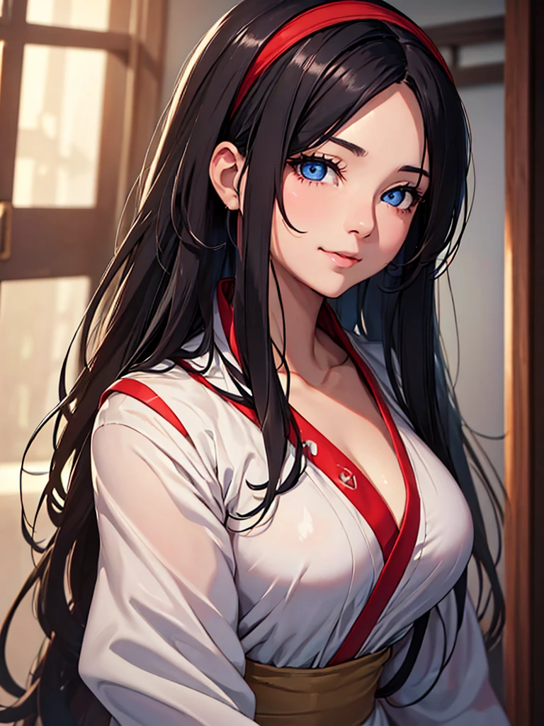 (masterpiece、top-quality、hight resolution、Unity 8k、extremely details CG:1,Best Picture), A woman with black hair and steel blue eyes, her expression full of lust. Her eyes are half-lidded and slightly glazed, with a moist and glossy look. Her lips are parted, slightly wet, and she has a faint, suggestive smile. Her cheeks are flushed, and she lightly bites her lower lip. Her head is tilted slightly, enhancing the seductive atmosphere. nsfw, red ribbon, hair band