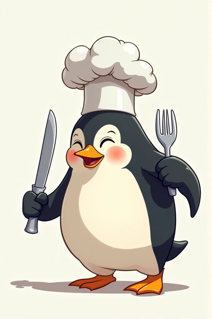 An animated drawing of a penguin with a sweet and greedy look, holding a knife and a fork in his hands and wearing a chef's hat tilted to one side.