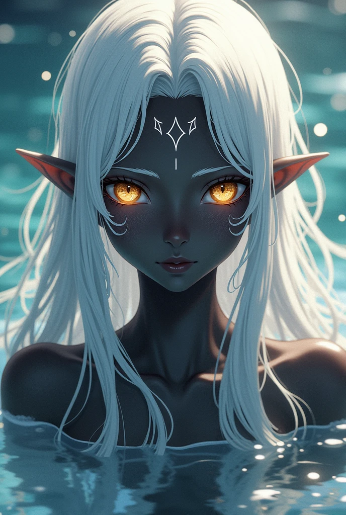 Create an anime style with long white hair, black skin and golden eyes 