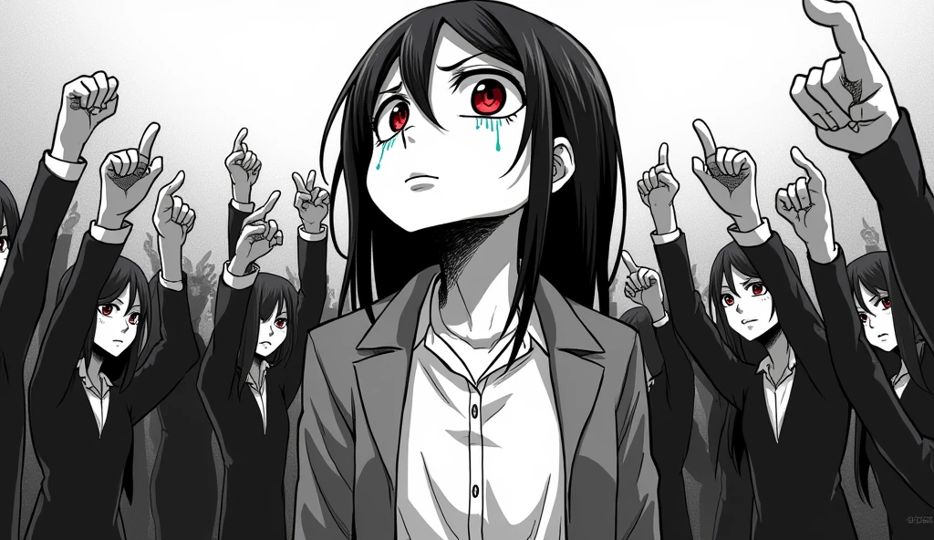 Create a black and white manga style image, with colored highlight point in the image, In this image I need to portray a dramatic scene of someone exhausted, who can no longer hide the tiredness of seeking success and not achieving it, with people pointing fingers at her in the background.