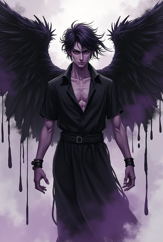 a fallen angel guy, male fallen angel, cool guy, wild guy, ink paintings, purple and black color, ink is dripping, gothic style, fantasy world, wearing black summer clothes, 2 black wings on his scapula, handsome features, gentle breeze is blowing, beautiful eyes, fearless smile, perfect anatomy, very detailed, 2, five fingers, best quality, fantastic, high resolution,