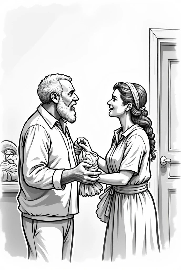 Make an easy black and white drawing to draw, of a man talking and the woman who is collecting things, CLOTHES, food etc to leave , Place their mouths open as if they were talking , Put a beard on the older man and make the woman pick up things ,place a room type background