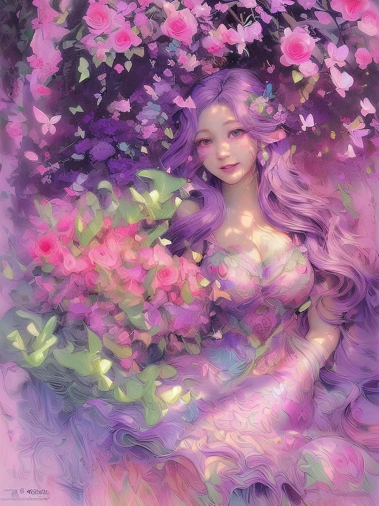  Secret Garden、Lots of colorful butterflies々is flying、one person, solo, Long Hair, smile, High resolution, masterpiece, Anatomically correct, 最High quality, detail, High detail, High quality, quality, Very detailed, Very Long Hair, Large Breasts, Earrings, Purple eyes, Ultra Wide Angle, accessories, Sparkle Effect, Illustration, Anime Style, digital art, Surrounded by roses、Beautiful woman、Long eyelashes、Fairy in a dress、Fantasy Oil Painting、8k octane, art nouveau, Romanticism, Gentle colors, Soft Light, 