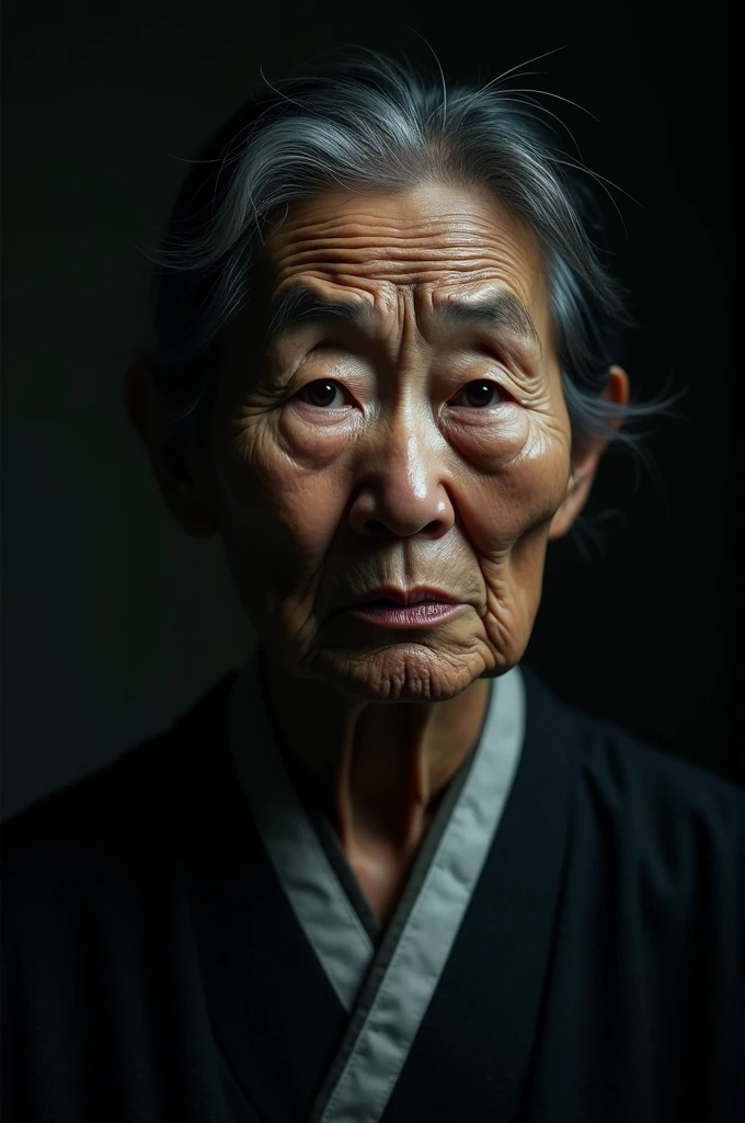 Dark image of a grumpy old Korean woman with a surprised face in elegant clothes 