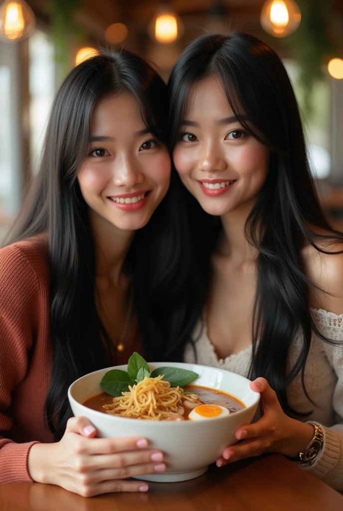 (full body shot:1) 2 best friends, bestie, girlfriends photorealistic image of a woman, ultrarealistic, photography, straight long black hair, asian woman, beautiful 2 cute sexy asian 20 years old woman, hourglass figure, perfect body, Flirty look, natural big breasts, long eyelashes, cat eye make-up, double eyelids, sexy pose, erotic pose, seductive pose, big breasts, big , she wears a cute long sleeves top,enjoying their 2 big bowl of pho at the Vietnamese restaurant with her friend, bestfriends, , cute smile, with her best friends, enjoying a meal together , 2 beautiful women , best friends, besties , boba tea,