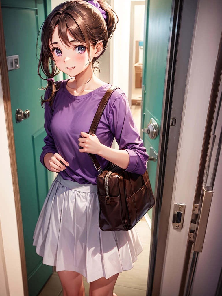 A girl with brown hair and a ponytail, wearing a purple shirt, a short white skirt, carrying a small white bag, with a happy face was waiting for me in front of my room door.