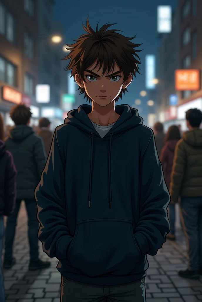 Realistic image. A teenager with messy brown hair and dark green eyes was in the middle of a crowd, it was night and there were few people on the street. He was wearing a dark blue sweatshirt and his hands were in his pockets to protect himself from the cold. Muscle young boy
