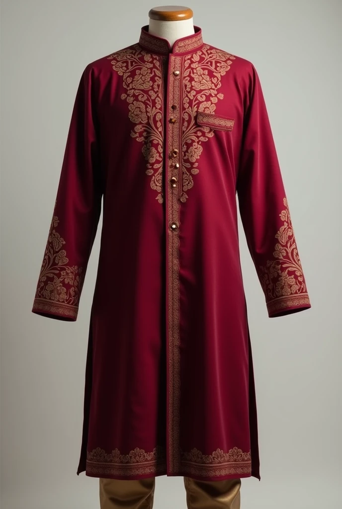 an indian muslim kurta for man, in full, with the sleeves, without the pants, which reaches up to the knees, a discreet collar, embroidery on the front and the sleeves, imperial colors,no model, no man on the picture just the kurta 