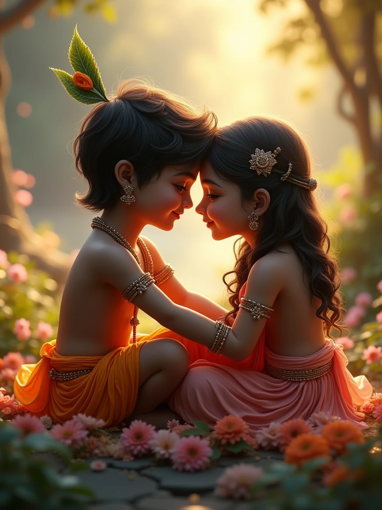 a baby Krishna and Radha sitting near, Romantic and Joy full expression, vibrant backgrounds, detailed, blurred, realistic