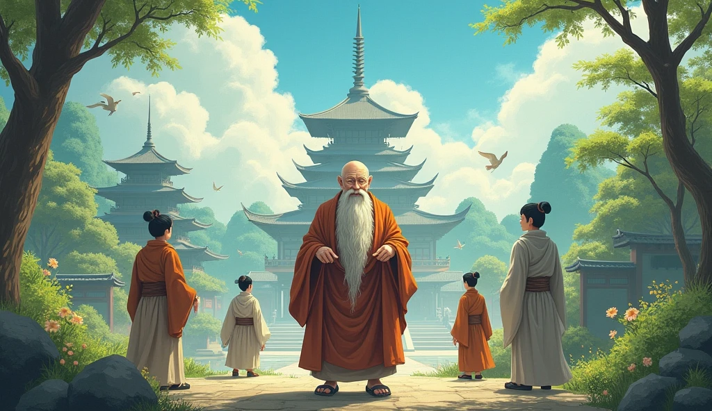 Old fat monk sensei, surrounded by temples, trees, beautiful scenario, peaceful, wisdom full, in anime style, desciples visiting,