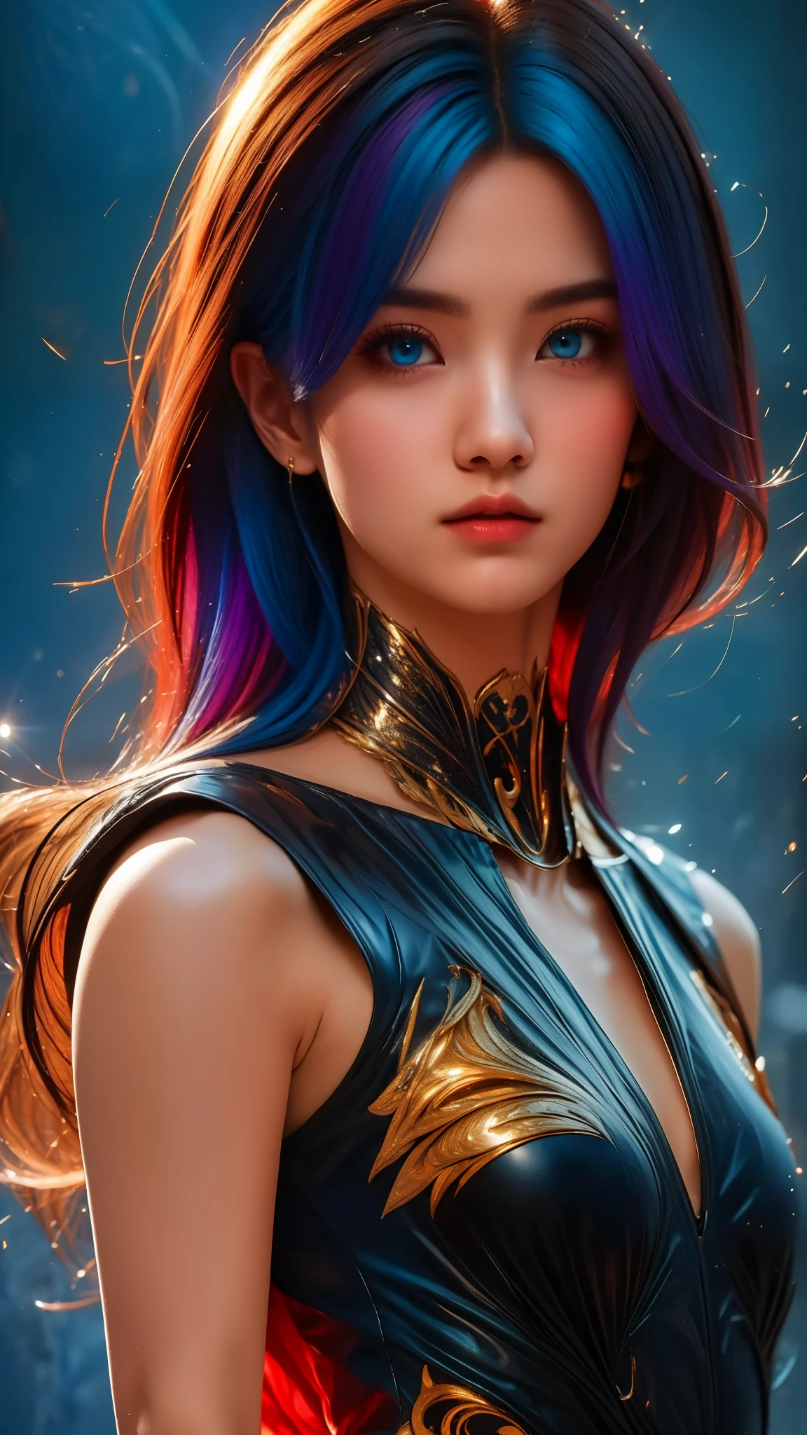 "Get ready to be amazed by our AI platform's ability to bring your imagination to life. This 8k wallpaper is a true work of art, with its movie lighting and lens flare adding a touch of drama to the scene. The detailed eyes, with their unique heterochromia, will draw you in and the multi-colored hair adds a playful element to the overall composition. Prepare to be captivated by this visually stunning masterpiece."