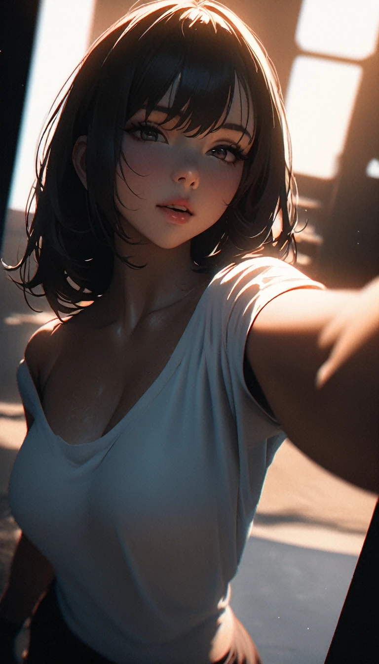 (high quality, 8k, 4K, High Contrast, masterpiece:1.2, 最high quality, Best aesthetics), 1 female, (Realistic skin texture:1.3), (Film Grain:1.3), (Selfie angle, High Angle), one person's, Beautiful and detailed eyes and face, 最high quality, close, Cowboy shot black hair , Disposable mask Blue hair inner White shirt Dark blue skirt White shirt