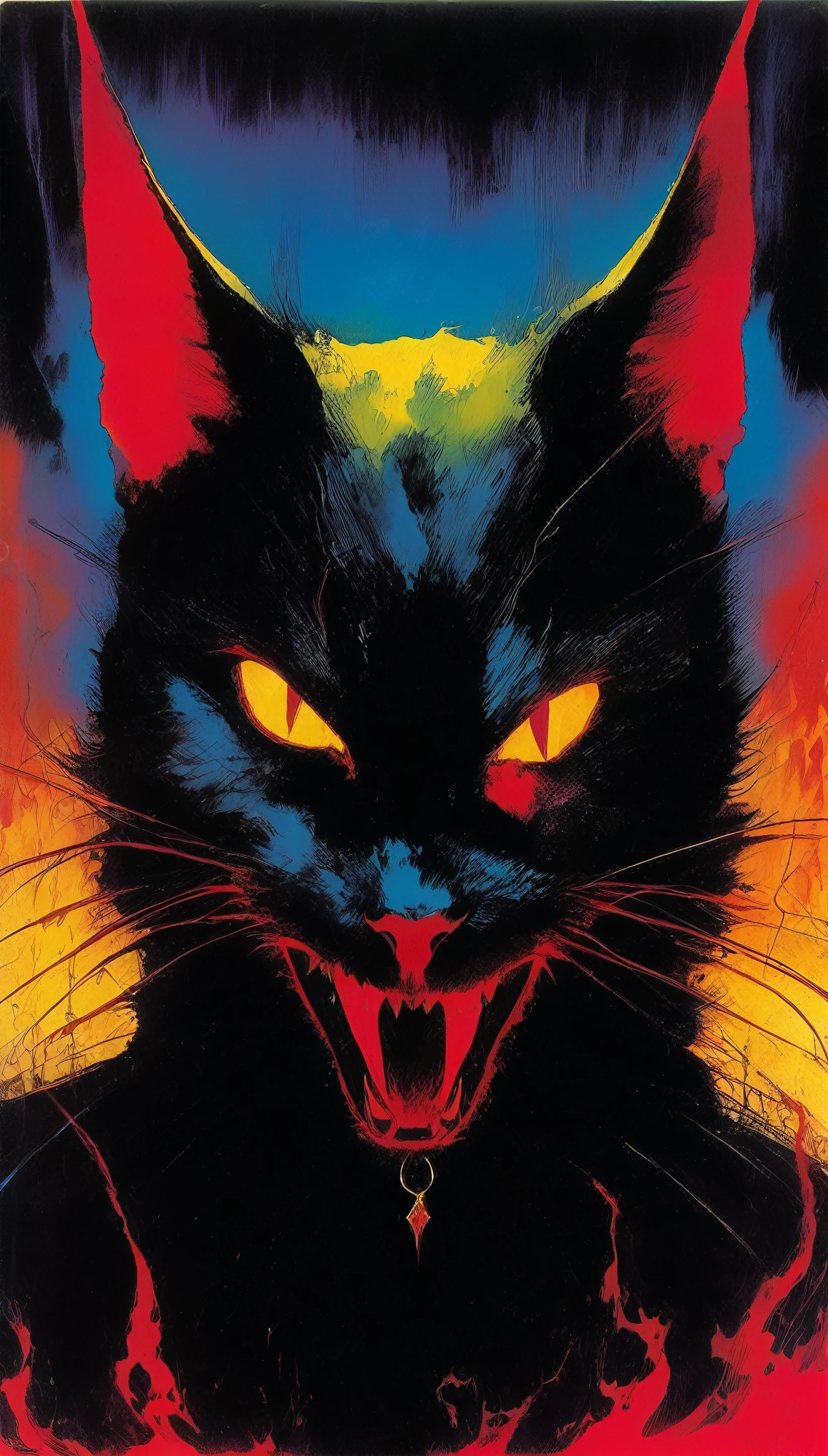 Satan Cat (Bill Sienkiewicz'artistic inspiration). painting,(Thick oil texture,Giant silhouette of Satan behind the cat,Glowing Inverted Cross Pendant:1.8),roar