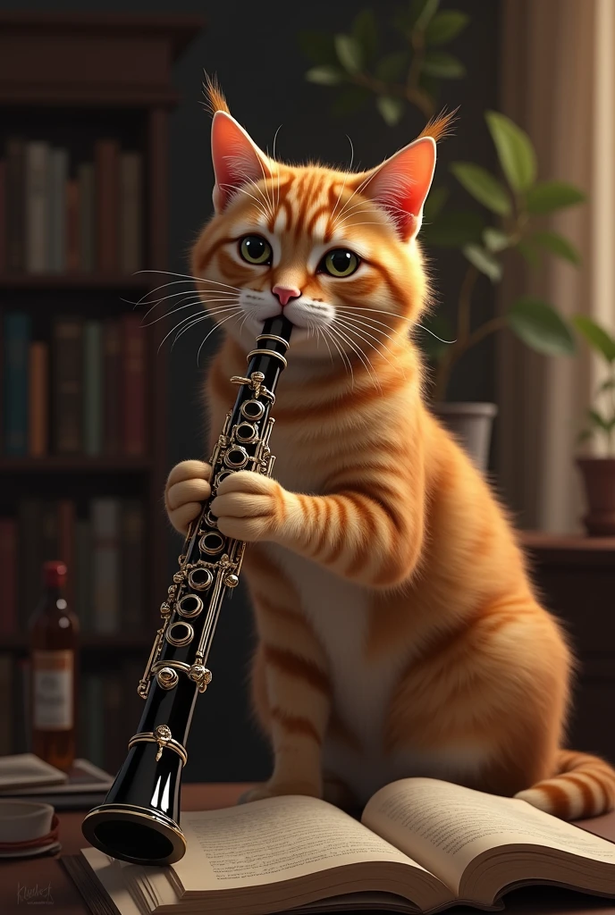 Draw a realistic cat playing an oboe