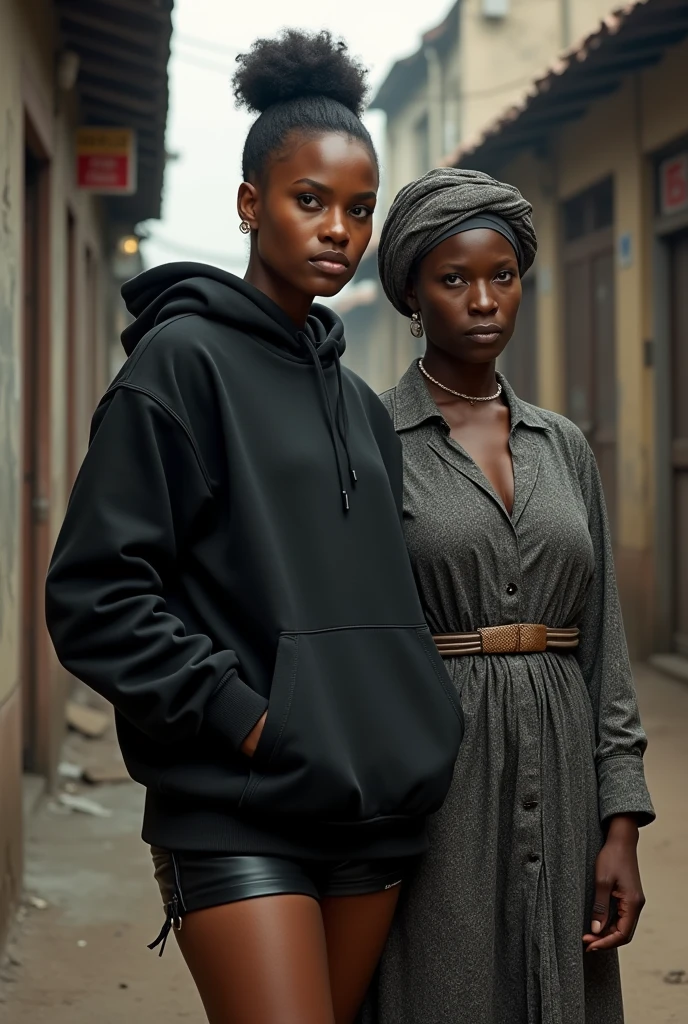 black woman hair in a bun black hoodie black leather short shorts setting on the old woman in a dress face