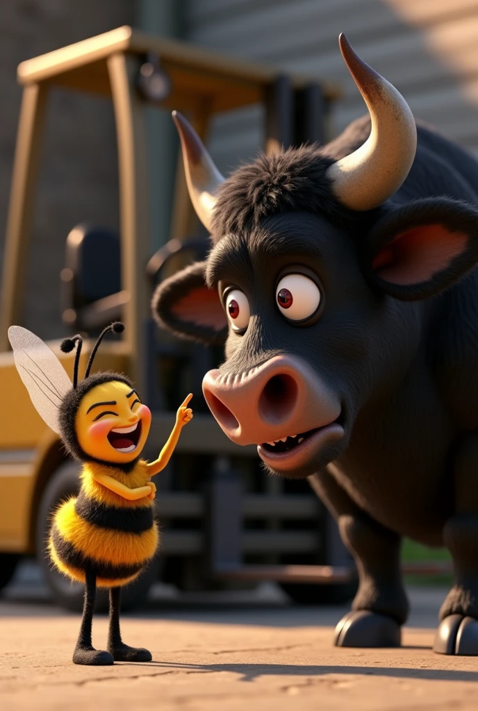  Barry from the Bee movie laughing and pointing his finger at the face of the black Ferdinand Bull with red eyes full of tears crying with many tears running down very disconsolate. 
Background of the image has a Forklift,  only the face appears 