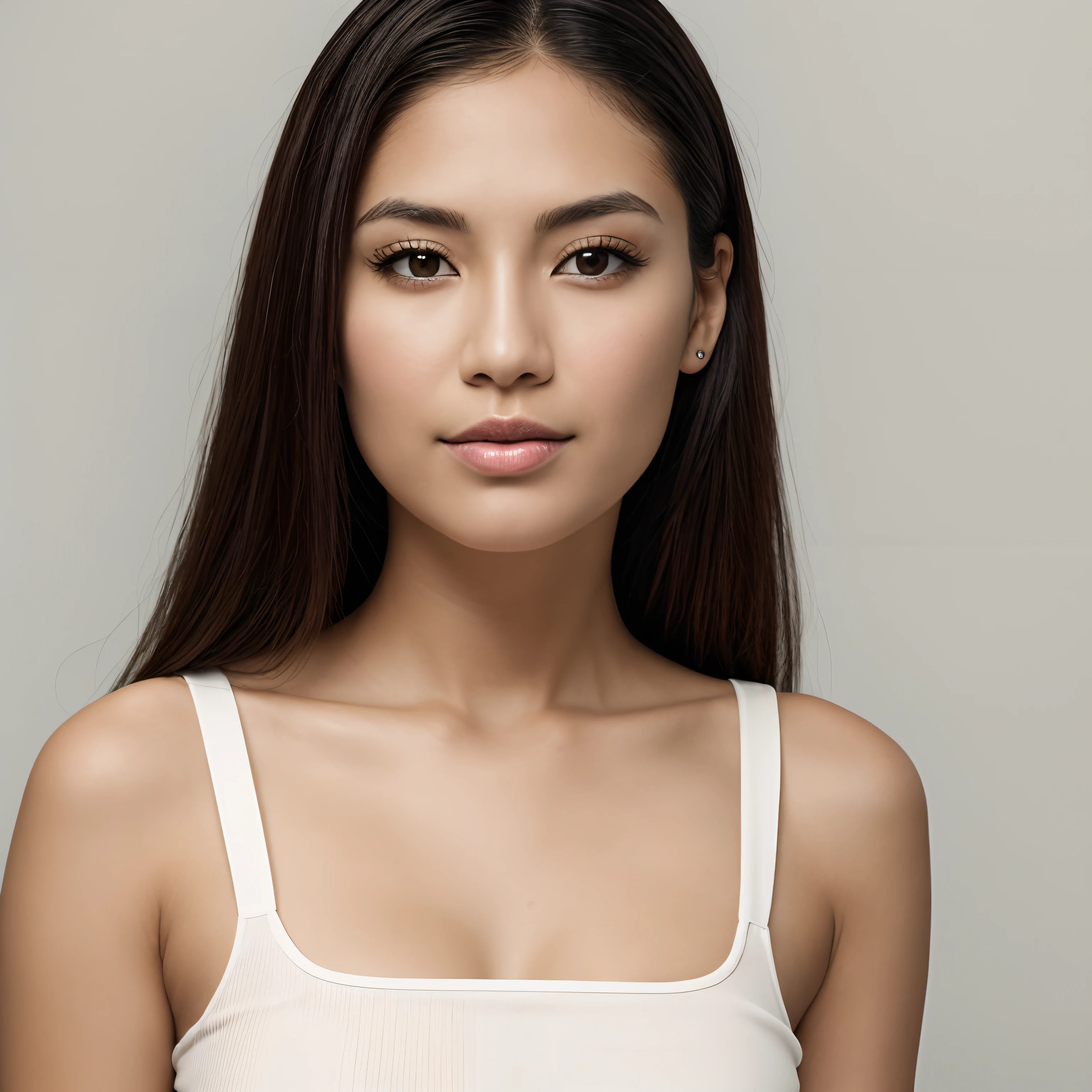 [professional model photoshoot, iPhone camera, HD resolution, photo in the foreground], beautiful girl, seductive girl, oval facial structure, white skin tone, asymmetrical face, full lips, Latin woman, 3, tanned skin tone, slightly raised chin, suitable girl, pronounced jawline, neutral expressions with closed mouth, simple white background
