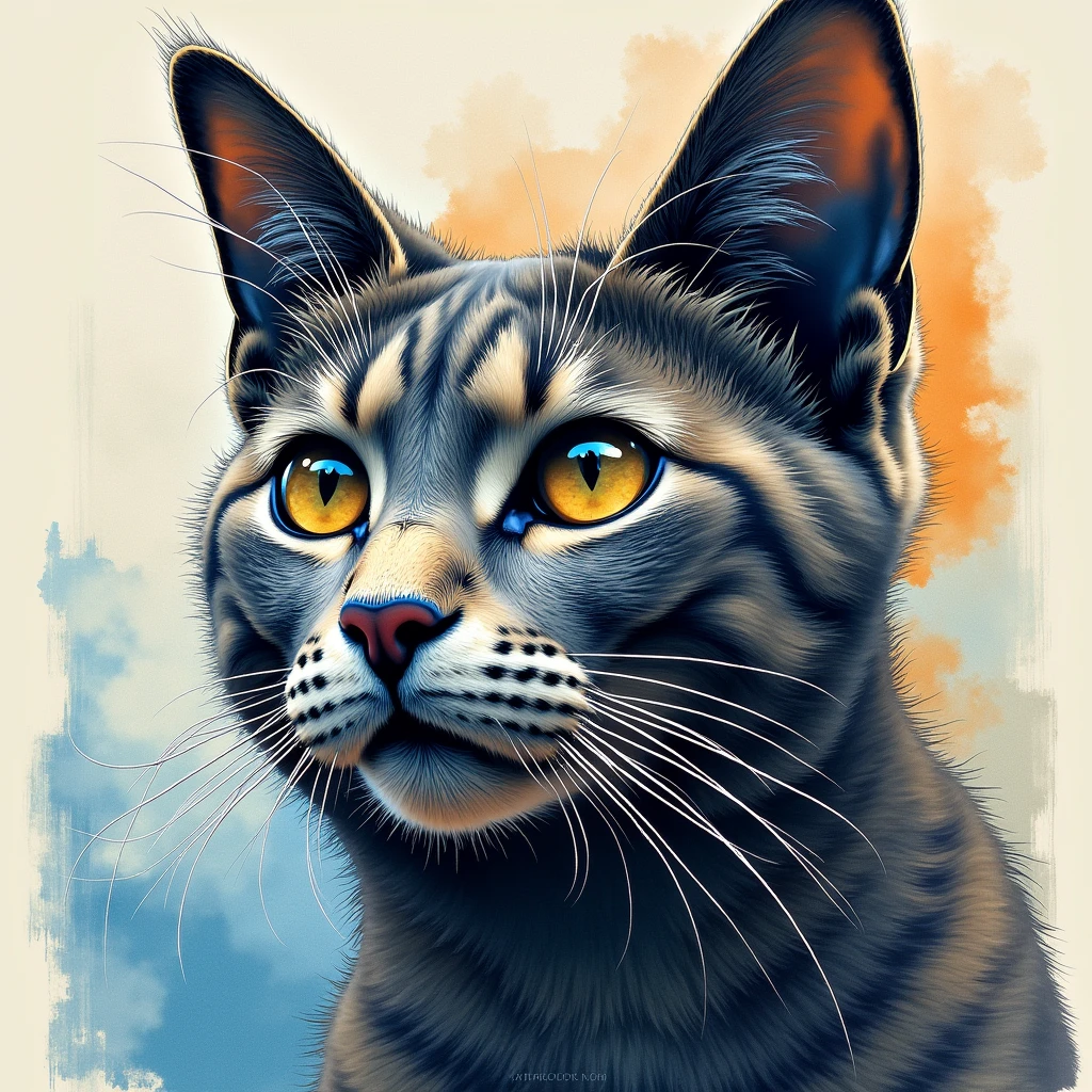 create a print collage of a chocolat tabby mink devon rex cat, in the style of josef kote, grunge beauty, dain yoon, cyan and blue, highly detailed realism, multi-layered compositions, antonio mancini style.