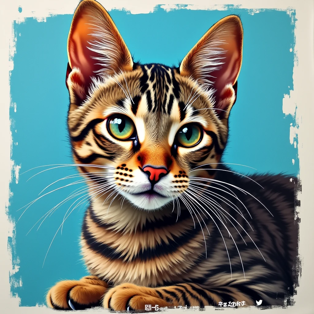 create a print collage of a chocolat tabby mink devon rex cat, in the style of josef kote, grunge beauty, dain yoon, cyan and blue, highly detailed realism, multi-layered compositions, antonio mancini style.