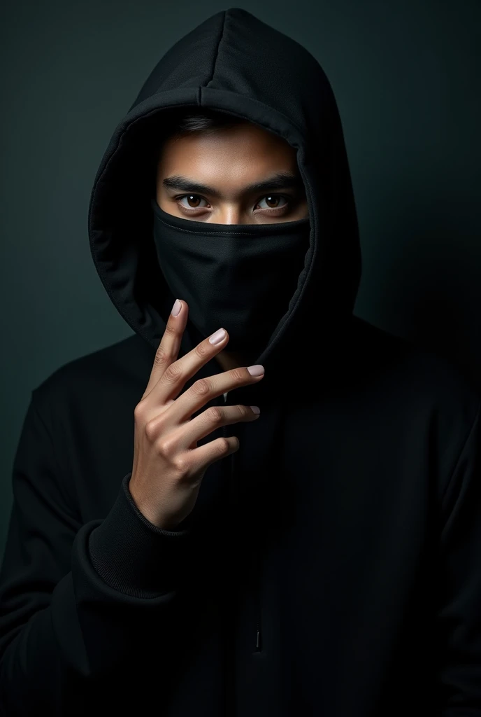 20-year-old man holds a mask with his hand to hide the vertical half of his face. He has a mysterious half smile. He wears a black hood. The background is black, is coming out from the shadows. Waist up image