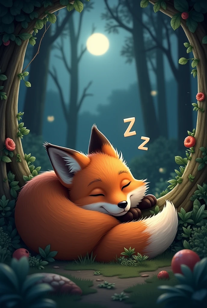 a cute and realistic red fox sleeping in a cave, zzz symbols above its head, forest background at night, (best quality,4k,8k,highres,masterpiece:1.2),ultra-detailed,(realistic,photorealistic,photo-realistic:1.37),detailed red fox,detailed eyes,detailed nose,detailed mouth,intricate fur,ambient lighting,moody lighting,dramatic lighting,cinematic lighting,lush vegetation,dense forest,nocturnal forest,moonlit forest,atmospheric forest