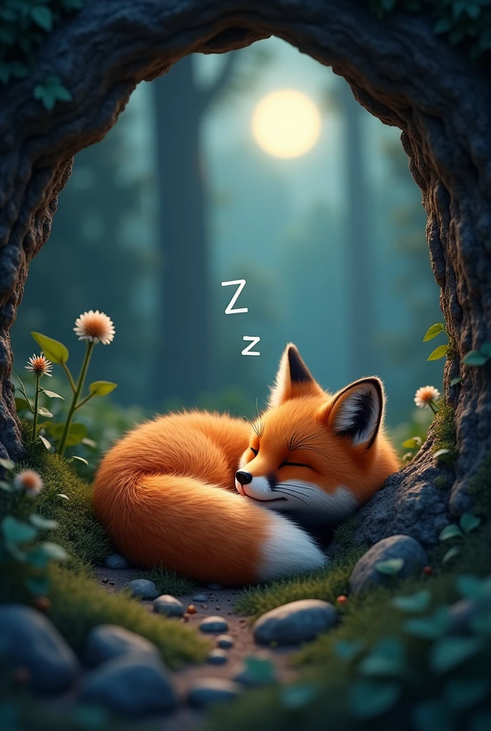 a cute and realistic red fox sleeping in a cave, zzz symbols above its head, forest background at night, (best quality,4k,8k,highres,masterpiece:1.2),ultra-detailed,(realistic,photorealistic,photo-realistic:1.37),detailed red fox,detailed eyes,detailed nose,detailed mouth,intricate fur,ambient lighting,moody lighting,dramatic lighting,cinematic lighting,lush vegetation,dense forest,nocturnal forest,moonlit forest,atmospheric forest