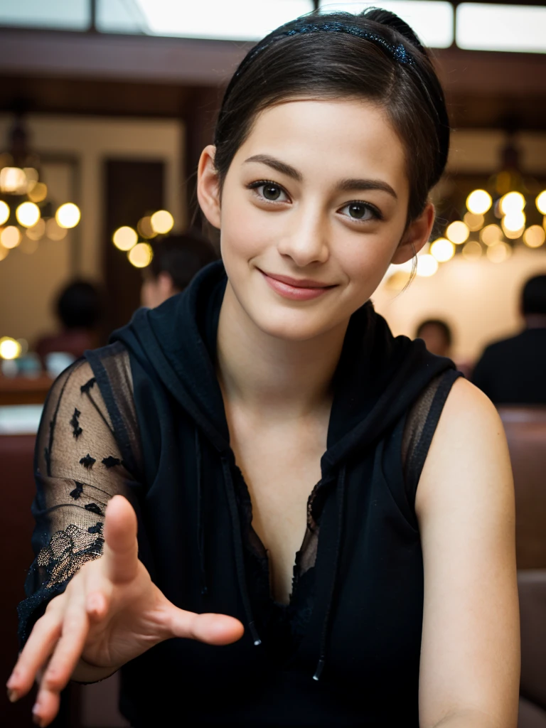 a Close-up portrait of gorgeous smiling cute Japanese woman in a glamorous lacy dress outfit, delicate facial features, porcelain-skinned, ponytail, a fusion of young Marion Cotillard's striking eyes and young Anne Hathaway's introspective gaze, long and slender cute face, curved eyebrows, droopy hooded eyes, lower nasal bridge, slim wavy nose, smiling, thin lips, short pixie cut hair, silhouette, bokeh, outstretched right hand to begging to the viewer, skylight atrium lounge background, depth of field, photo, film,