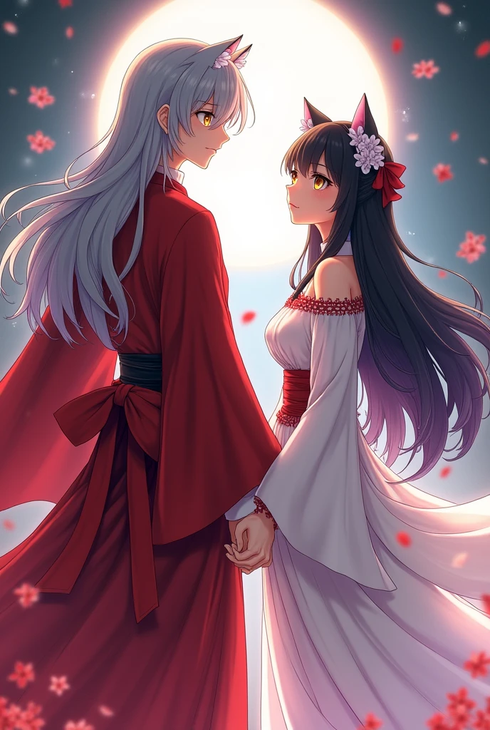 An anime couple consisting of a man who has very long silver hair down to his waist., with cat ears and golden eyes and wears a hakama (pants) blouses at the ankles, a jacket with sleeves "separate", un kosode (shirt), and an obi (belt) all in red color, and a woman has a slender figure, She has long black hair with dark purple highlights on the edge., which is half-gathered by a white ribbon tied, Her straight bangs cover her entire forehead., with brown eyes, She is wearing the traditional dress of a miko , which has remained essentially unchanged to this day, except for the lack of the shoulder seam with slits. Kikyō wore a hakui (tunica) blanca con soda-really (laces) red through the sleeves and open shoulders, walking hand in hand and exchanging loving glances