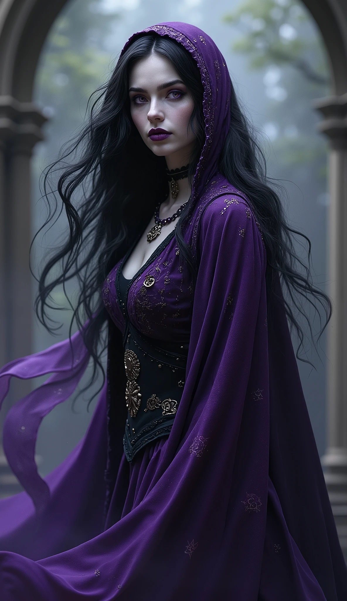 Morgana has long, flowing raven-black hair and pale, almost ethereal skin. Her eyes are a deep violet, giving her an otherworldly appearance. She dresses in flowing robes of dark purple and black, often adorned with symbols of the occult.