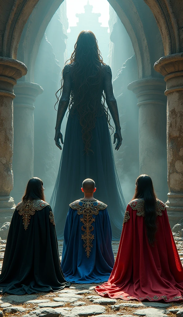 three evil priests, dressed in tunics of black colors, blue and red, metallic and beautiful colors, kneeling in front of a towering evil woman with snake-like hair, photorealism, 34K, set in a ruined castle, Beautiful lights that highlight the colors of the tunics,