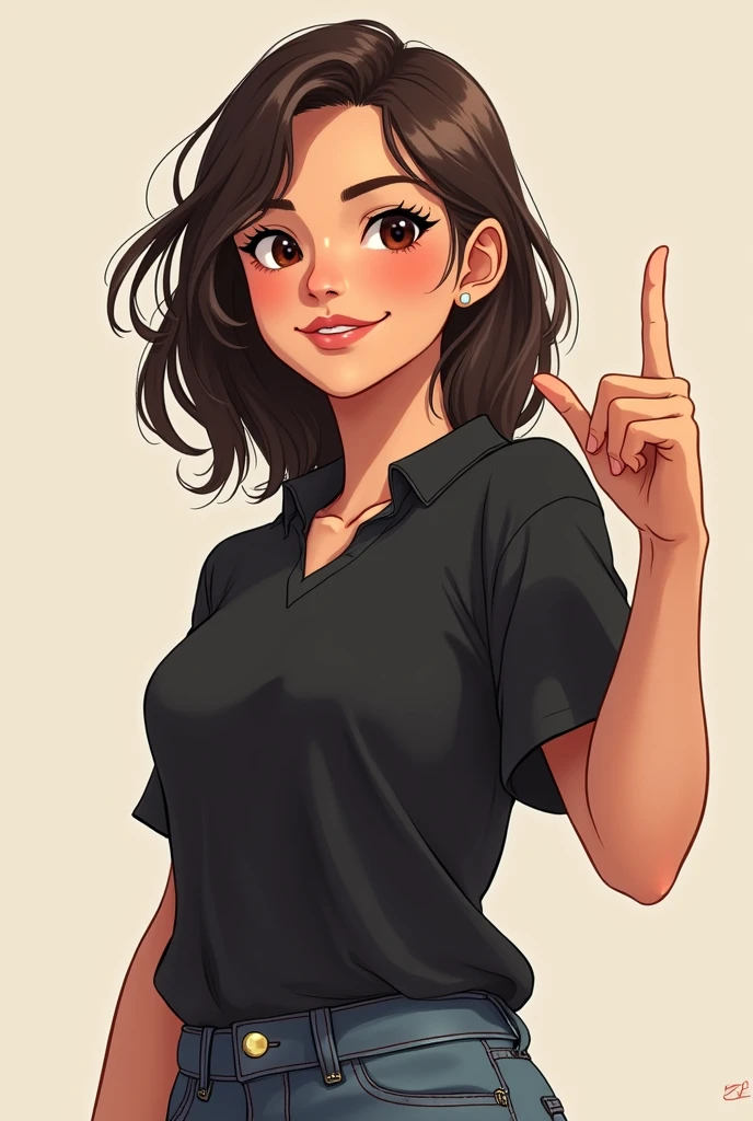 young adult female character doing cool with thumb and smiling. The character must be wearing a light black shirt