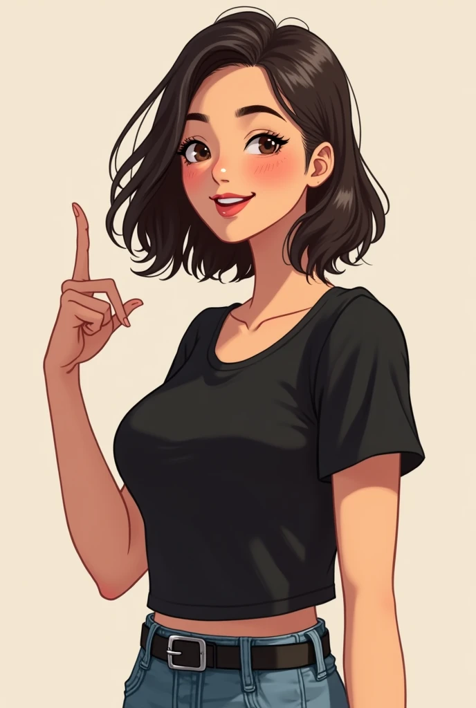 young adult female character doing cool with thumb and smiling. The character must be wearing a light black shirt