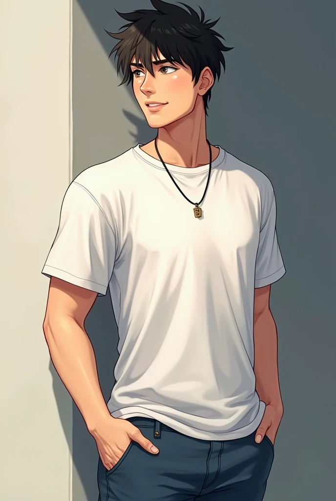 An handsome young man, standing, he looks like he's talking, he wears a t-shirt and a jeans, and a small necklace, anime style, full portrait realistic, profile side view