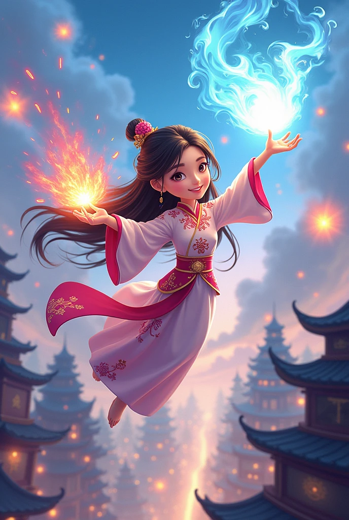 A beautiful young cartoon, with long hair and Chinese costume, is flying high above the rooftops and casting magic spells to ward off evil spirits., Beside him are some talismans and magic spells.