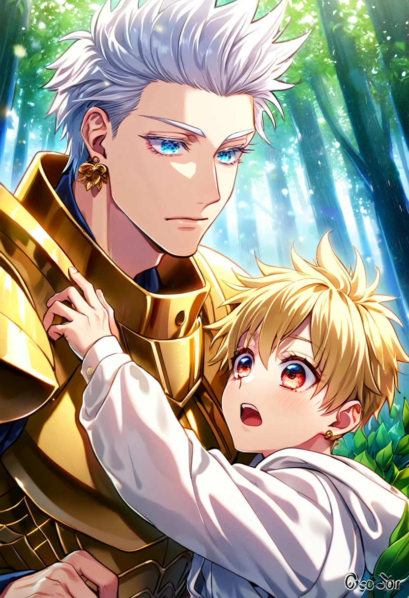 absurdres, highres, ultra detailed, HDR, master piece, best quality, extremely detailed, detailed eyes, detailed face, Gilgamesh, blonde hair, slicked up, ruffled hair, golden earrings, expressive red eyes, Fate Stay Night, Gojou Satoru as a ten year old boy, white hair, expressive blue eyes, white eyelashes, a adult man together with a boy of ten years old, yaoi, gay couple, handsome, fantasy, golden armor, white hoodie, spring, flowers, green leaves, magical forest, dark fantasy, blue sky, Jujutsu Kaisen