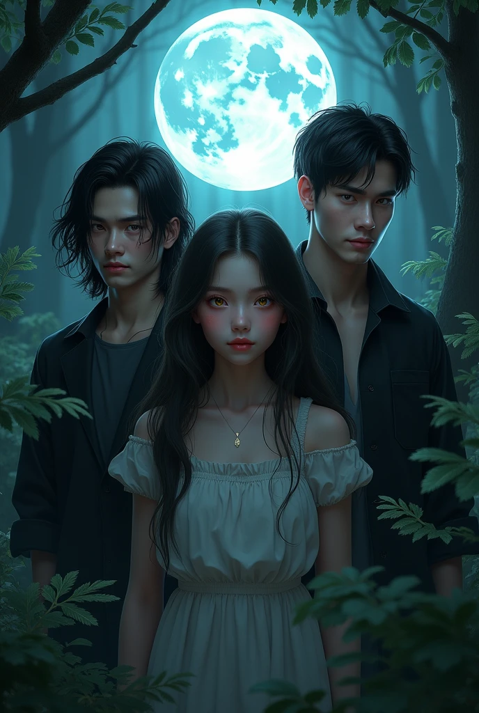 A girl in the middle, next to two men, one with black hair, Red eyes, pale skin and the other brown, yellow eyes, evening, big bright moon behind them, forest