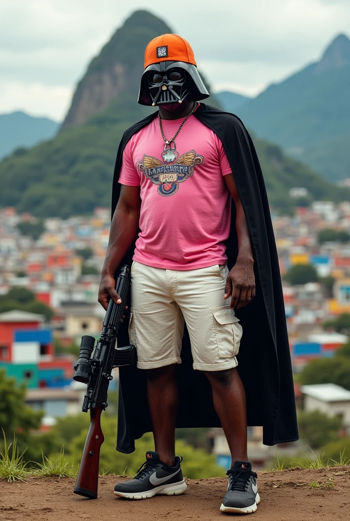 Darth Vader wearing a pink t-shirt with white shorts and an orange cap with a rifle in his hand , on the hill of Rocinha in Rio de Janeiro 
