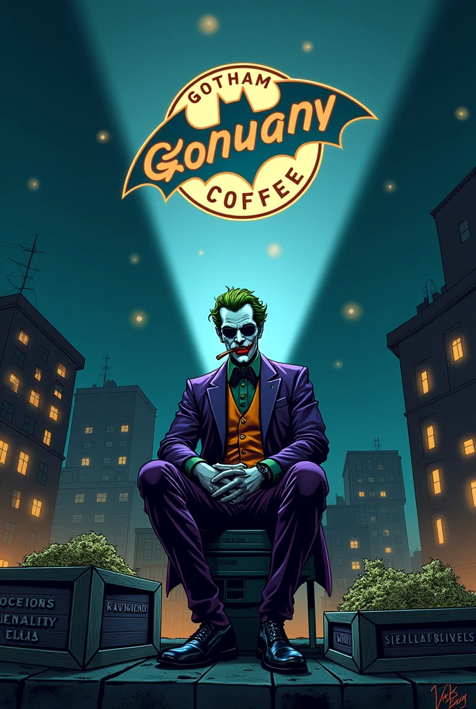 gotham city la nuit avec un projecteur sur un toit qui projette dans le ciel au dessus un logo blanc ou il y'a écrit dessus Gotham Coffee35 dans le ciel et il y'a le joker qui fume un cigare assis sur le projecteur sur le toit avec une paire de lunettes noir avec des caisses a coter de lui ou dessus il y'a une une feuille de weed et des sac remplie de cannabis et de sachet paquet de poudre blanche et de petit rectangle marron empiler a coter de lui en cartoon