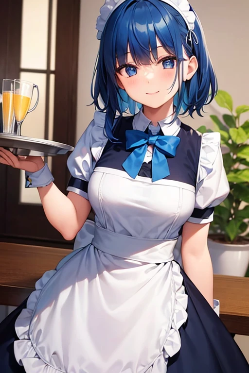 Girl dressed as a maid with blue hair and eyes with bangs on the right side,smiling and holding a tray,