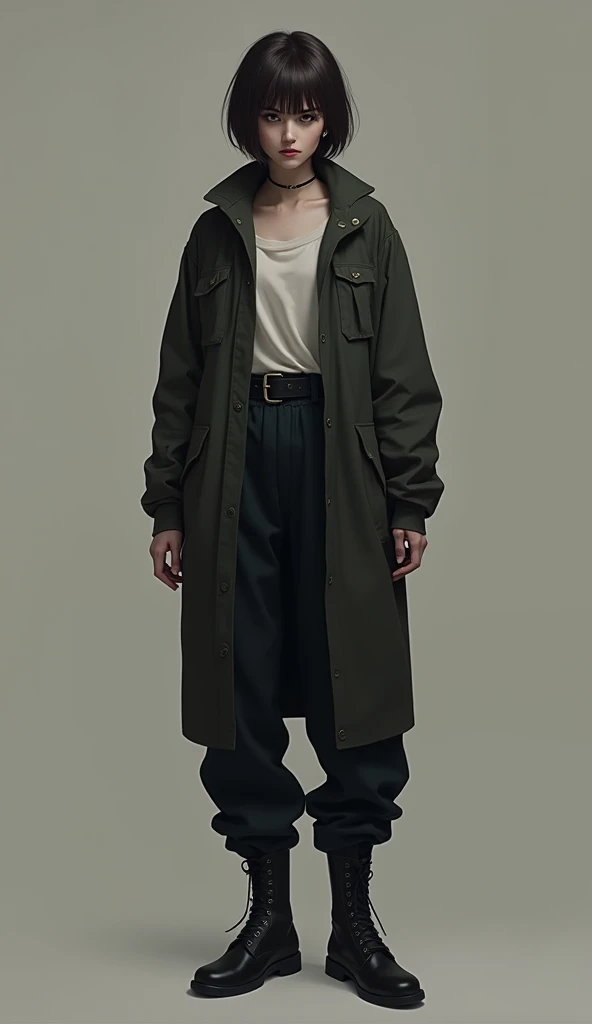 A full-body portrait of Eveline has sharp features, with short, dark brown hair and keen grey eyes that seem to pierce through lies. She dresses in simple, practical clothing, often in dark colors that allow her to blend into the shadows.