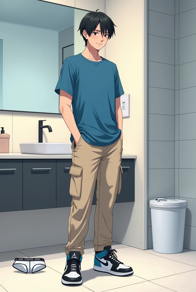 into the image, a cool teenager , with white skin and straight black hair of 1,80 tall, is posing in a bathroom. He wears a blue t-shirt and beige cargo pants., complemented by a pair of Air Jordan sneakers in blue, black andwhite. The young man is in a bathroom and in the background there are underwear (of the boxer model), this underwear is white (medium-sized), This underwear is lying open realistically near the trash, and the teenager has a happy and relieved expression. The bathroom in the background is modern and minimalist., with details like a large mirror and light tiles. The teenager's expression is relaxed and fun, besides him appearing relieved, giving a casual and informal tone to the image, In anime style, he looks like he just took off his underwear.