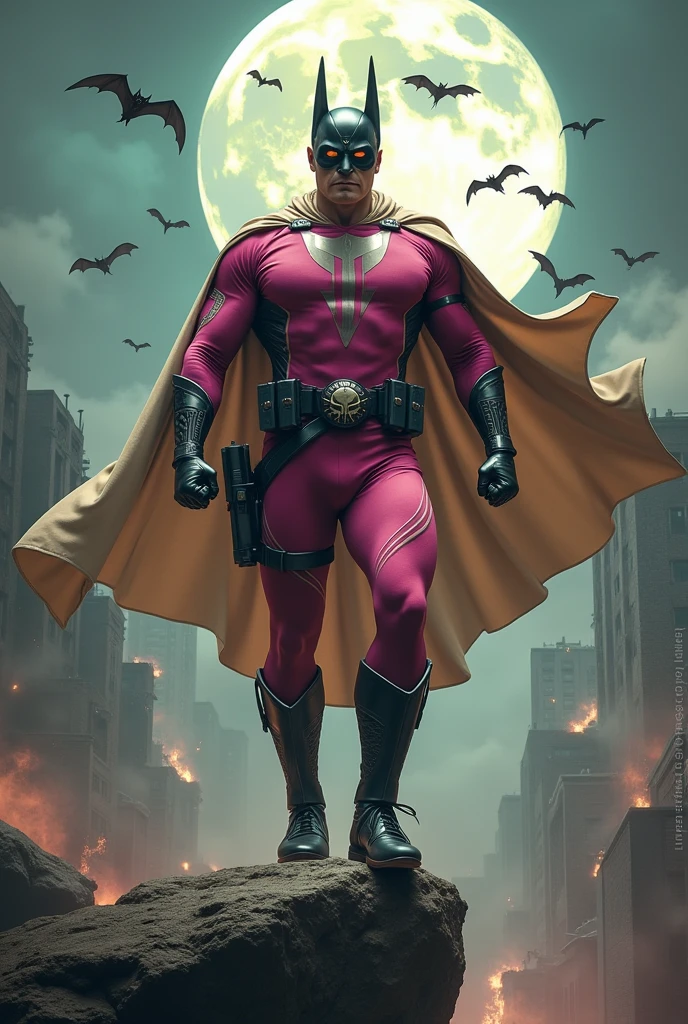 Malaysia man in high-tech suit, vivid effects, malaysian superhero (KELUANG MAN) in a striking pink and beige costume cyberpunk design, mask small mini bat ear beige, daredevil biage mask, jumpsuit dark pink stands confidently in a dramatic.jumping from high place.hero costume. Big triangle  logo on the chest. Punisher logo on the chest. Fighting pose , stormy landscape. ((Head covered node guard like batman. Running pose , athletic body type, small mini ear bat mask))The character wears domino mask a helmet with pointed mini torn ears and a flowing cape biege, open nose and mouth. Equipped with visible futuristic weapons on a belt,bullet proof jacket pink dark day.show fingers pose, dark night, big supermoon effect . Small logo on chest triangle shape small punisher logo center triangle cyber logo center on chest pink logo mini logo . rocky. Building top.smoke ground , bomb effect background, losse pants, losses costume.adding to --ar 3:4 --style raw --stylize 500 --v 6.1. chaos. Lot of small flying bat. One leg on the high stone. Man . Real man age 40 year old. One hand holding belt.one hand holding black rope hanging on building