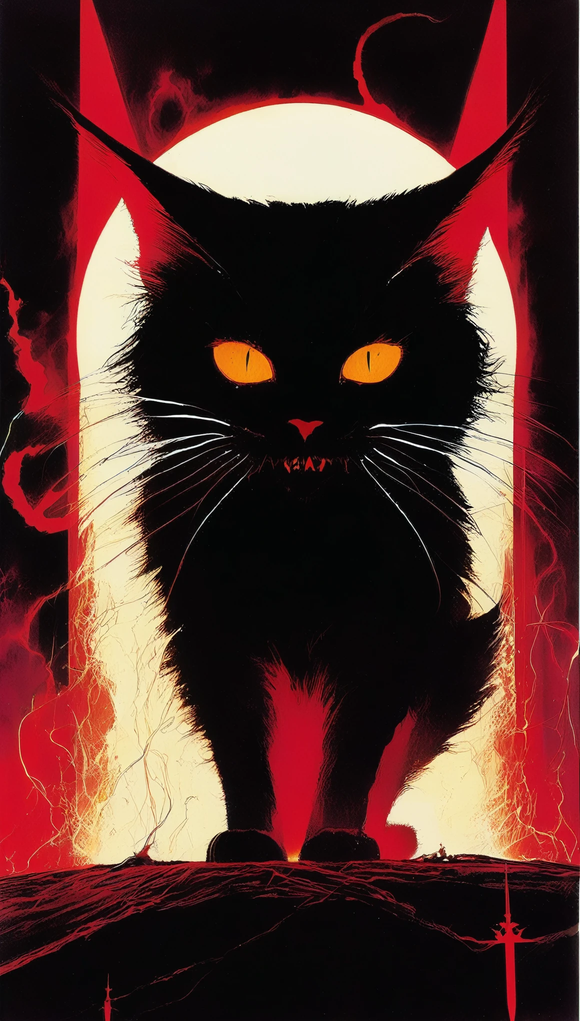 Satan Cat (Bill Sienkiewicz'artistic inspiration). painting,(Thick oil texture,Giant silhouette of Satan behind the cat,Glowing Inverted Cross Pendant:1.8),roar