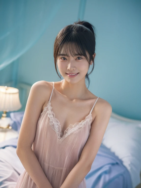 masterpiece, best quality, extremely detailed, (illustration), Raw photo, absurdres, 1girl, negligee, flat chest,ponytail, beautiful face, hands behind body, photorealistic, depth of field, anatomically correct, textured skin, UHD,hotelroom,Professional Lighting,masterpiece,Very detailed and beautiful professional photography,light smile