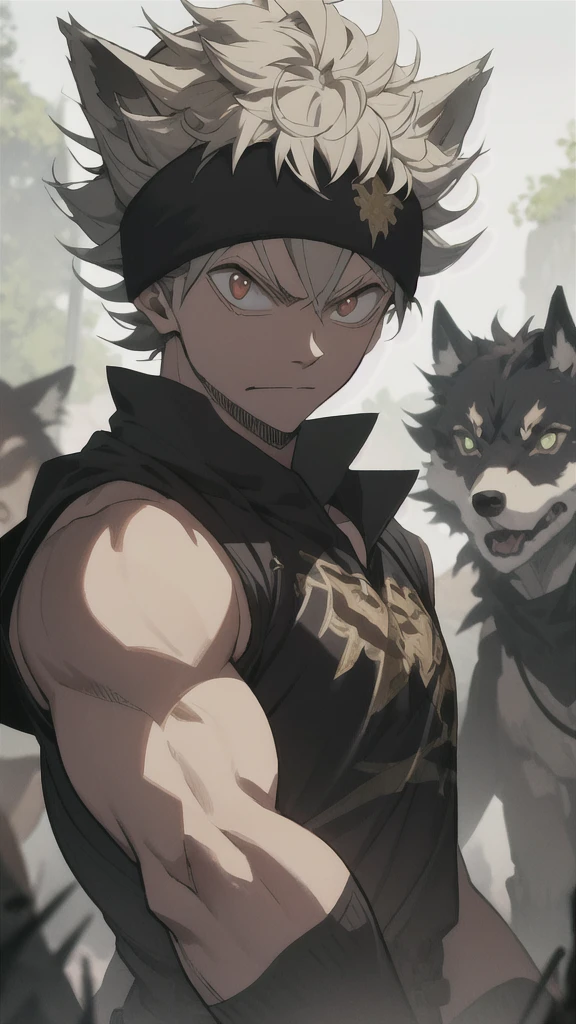 masterpiece, best quality, high quality, 1boy, solo, male focus, looking at viewer, upper body, asta, red eyes, headband, grey hair, spiked hair, Asta is surrounded by black magic, Asta holds a sword, his facial expression is flat, wearing full battle clothes, is in a dark, dusty place, lots of wolves, His mouth was tightly closed, wearing full battle attire, his body was muscular and tall, surrounded by a black magic aura, and surrounded by ferocious wolves, There is magic around Asta