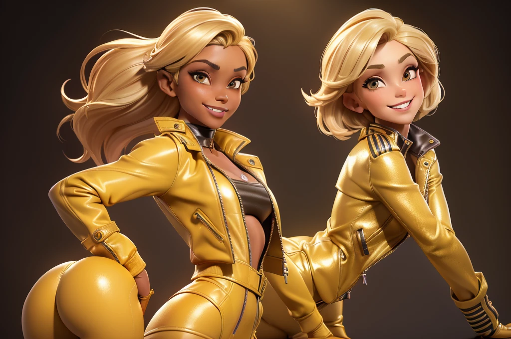 obra prima, melhor qualidade, ((only one woman,)) ((pixie lott, dark tan skin, blonde bob hair, heavy makeup eye shadow, sweet toothy smile,)) (((wearing thigh length dark yellow metallic leather jacket,))) (((jacket is zipped up, jacket covers waist and ass,))) ((jacket has stiff high collar,)) ((gold pvc gloves,)) body is very skinny, standing up, (((arched back, shoulders leaning way back, hips twisting, head tilted way back, chin up,))) ((camera side view, extreme closeup view of upper body,)) shallow depth of field, highres, HD, 8k, anatomically correct