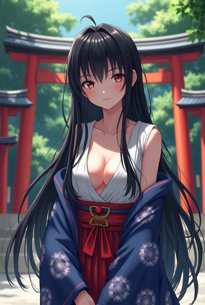 (masterpiece,Highest quality:1.3,best quality illustration),cowboy shot,1woman,25 year old Japanese beauty、black hair,long hair,bangs,black eyes,gorgeous eyes,((very small head:1.2)),shy,((very long body)),medium breasts,(tan skin, gleaming skin,toned body,slender body, skinny),sweat,(White kimono、Open chest、Black Hakama),standing,shrine、