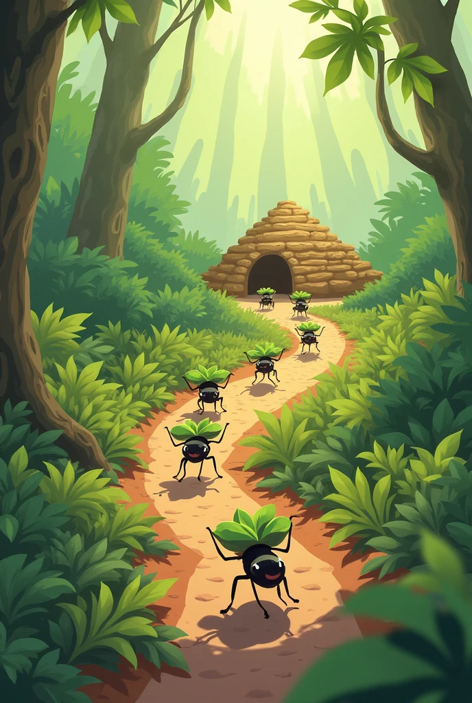 Ants walking, carrying leafs, to the anthill,cartoon, 